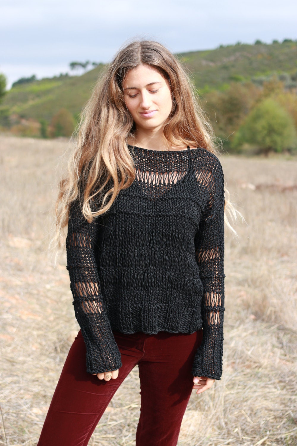 Black Loose Knit Sweater, Cotton Sweater, Grunge Loose Fitting